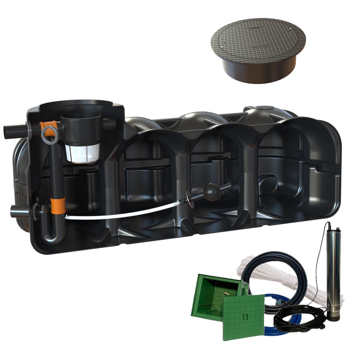 Retentionszisterne Flachtank 5000L Retentionsvolumen 3600L mit Abdeckung und Zisternenpumpe