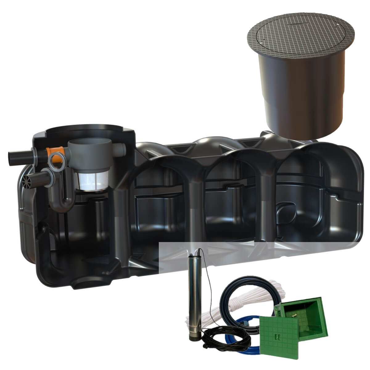 Flachtank 5000 Liter Garten-Zisterne Hudson Pumpensumpf mit PKW-Dom und Gartenpumpe