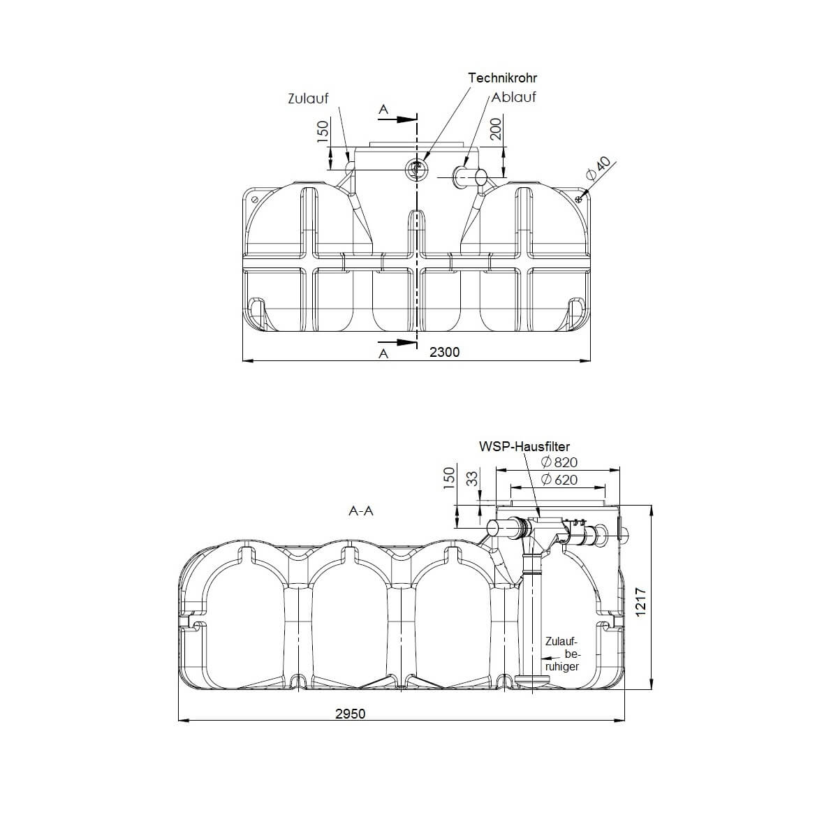 Flachtank 5000L Hauszisterne Hudson WSP Zeichnung