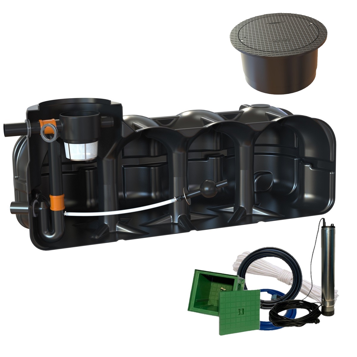 Retentionszisterne Flachtank 5000L Retentionsvolumen 3600L mit PKW-Abdeckung und Zisternenpumpe