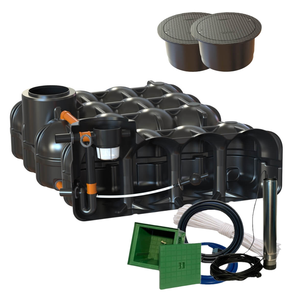 Retentionszisterne Flachtank 10000 Liter Hudson mit Segmentabdeckung und Gartenpumpe