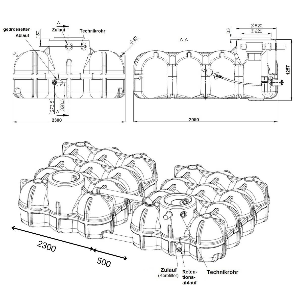 Retentionszisterne Flachtank 10000 Liter Hudson mit Pumpensumpf Zeichnung