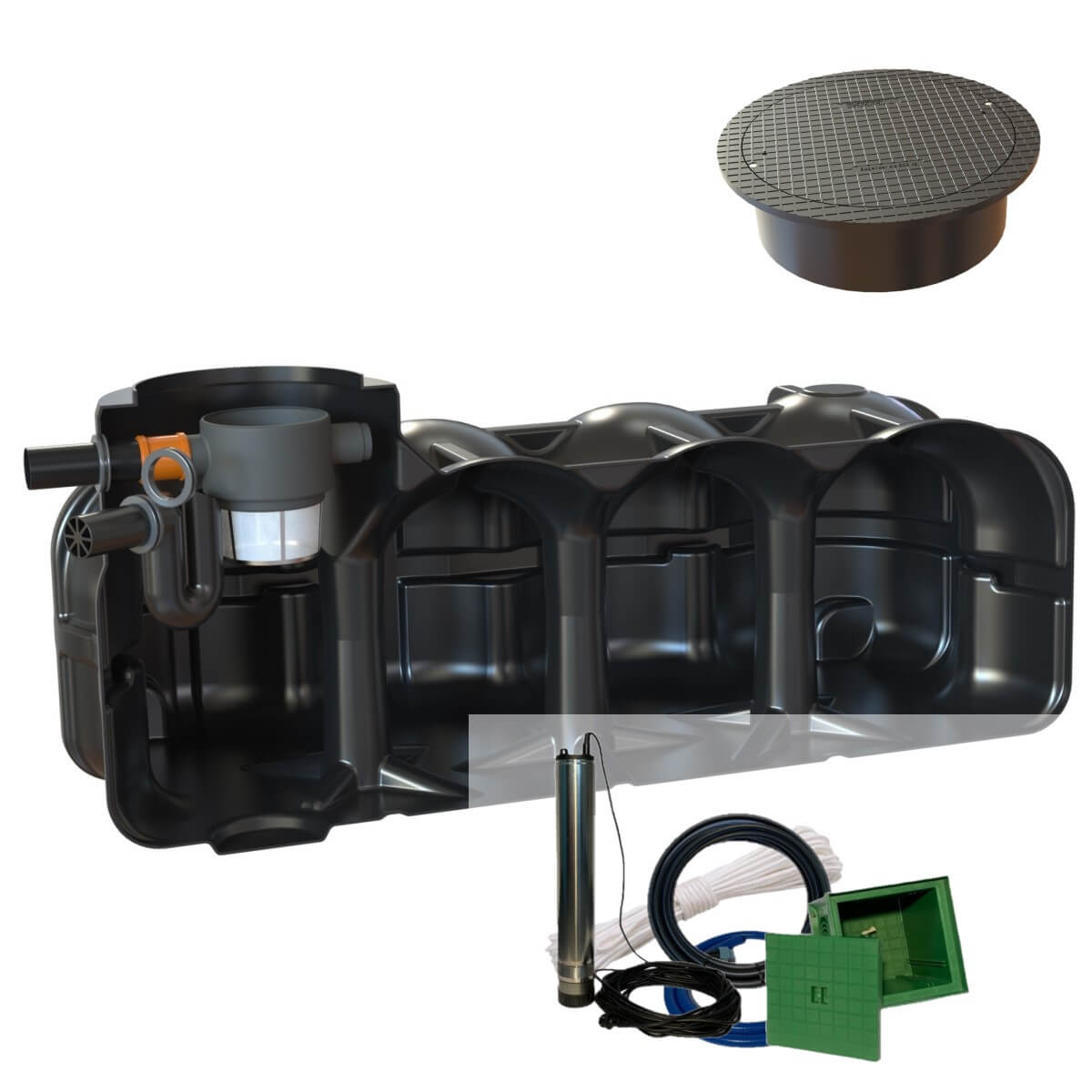 Flachtank 5000 Liter Garten-Zisterne Hudson Pumpensumpf mit Abdeckung und Gartenpumpe