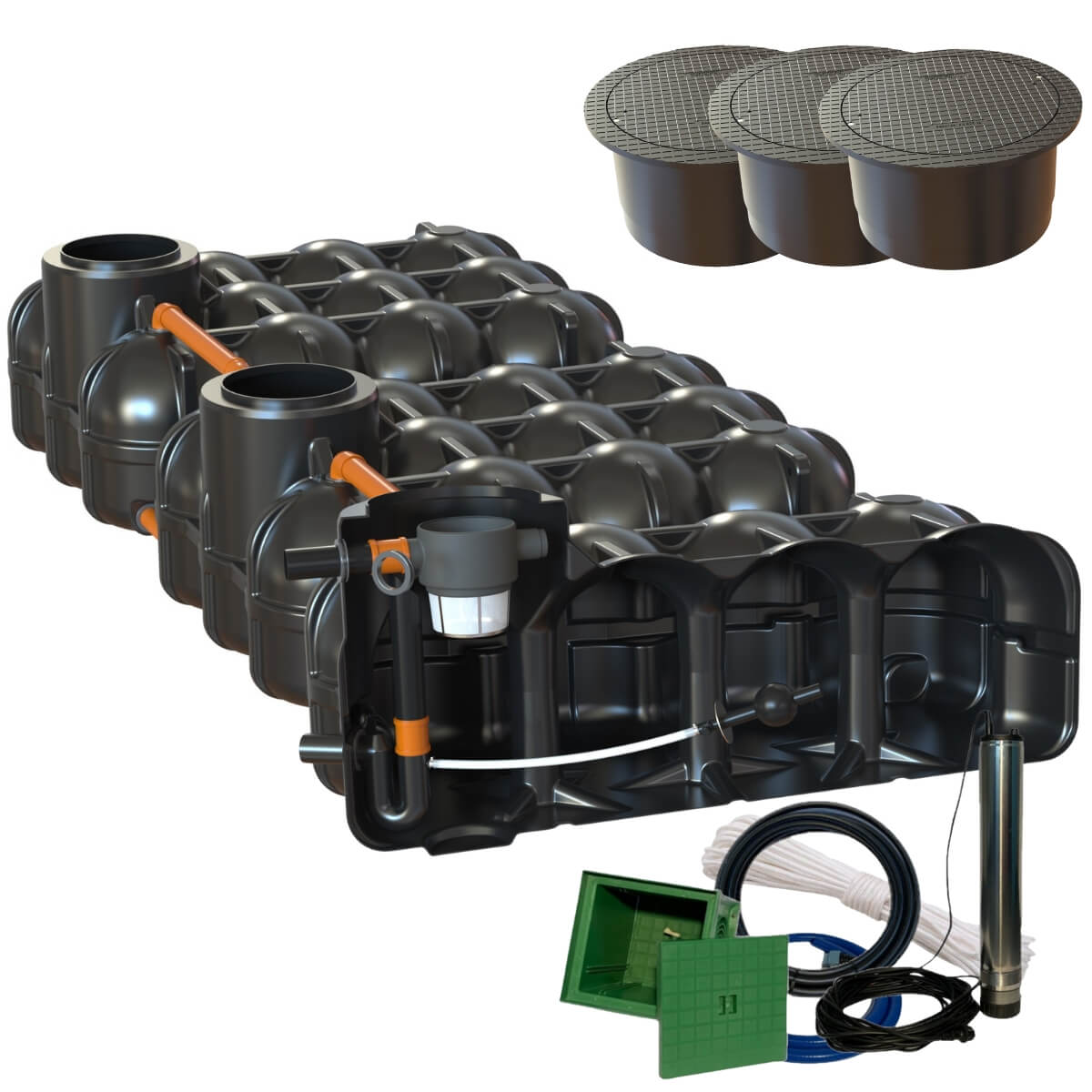 Retentionszisterne Flachtank 15000 Liter Hudson mit Pumpensumpf Segmentabdeckung und Gartenpumpe