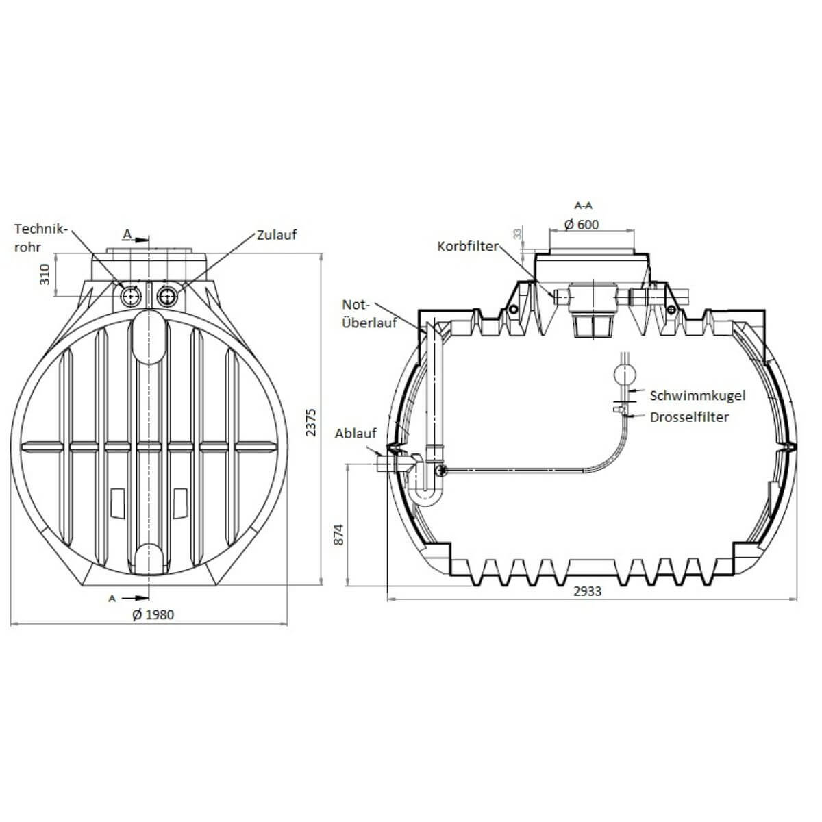 Retentionszisterne 7000L Atlantis RV 3800L Zeichnung