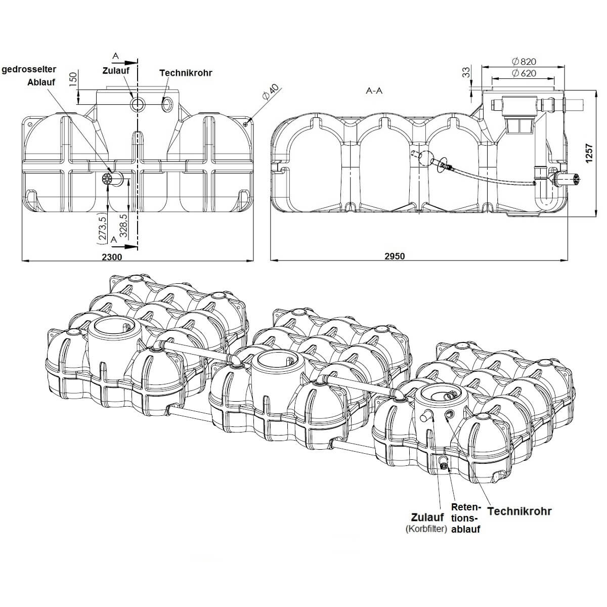 Retentionszisterne Flachtank 15000 Liter Hudson mit Pumpensumpf Zeichnung