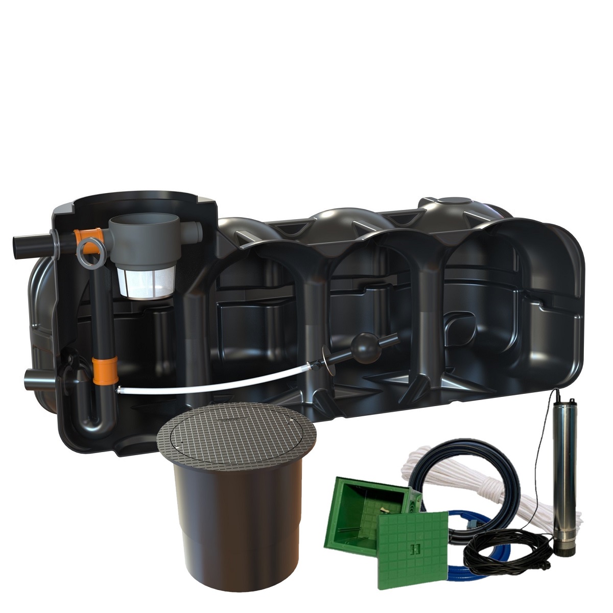 Retentionszisterne Flachtank 5000L Retentionsvolumen 3600L mit Pumpensumpf. PKW-Dom und Zisternenpumpe