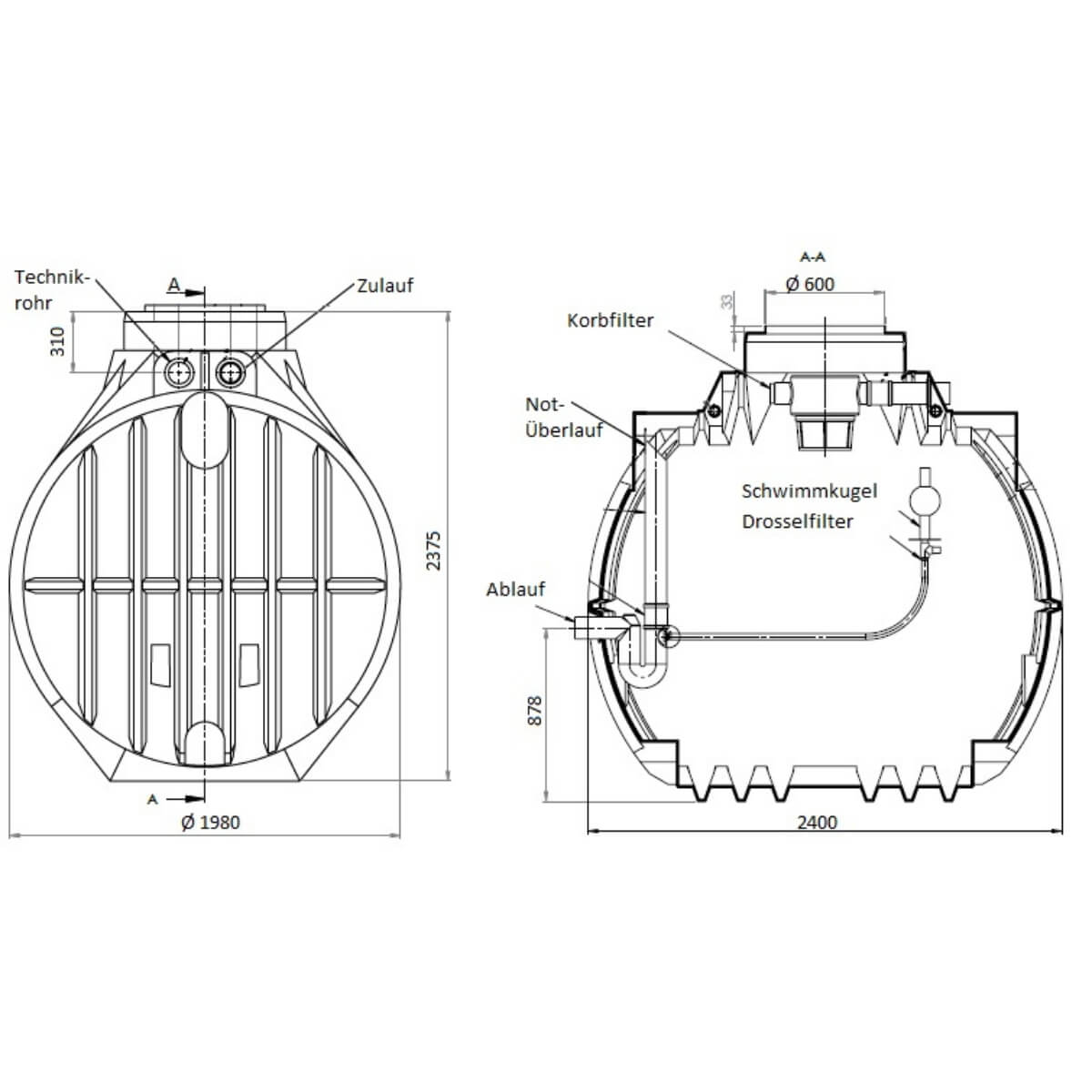 Retentionszisterne 5300L Atlantis RV3000L Zeichnung