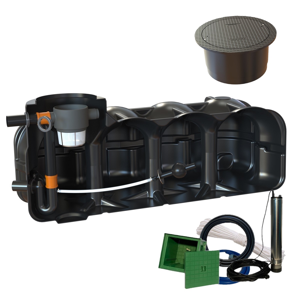 Retentionszisterne Flachtank 5000L Retentionsvolumen 3600L mit Pumpensumpf. PKW-Abdeckung und Zisternenpumpe