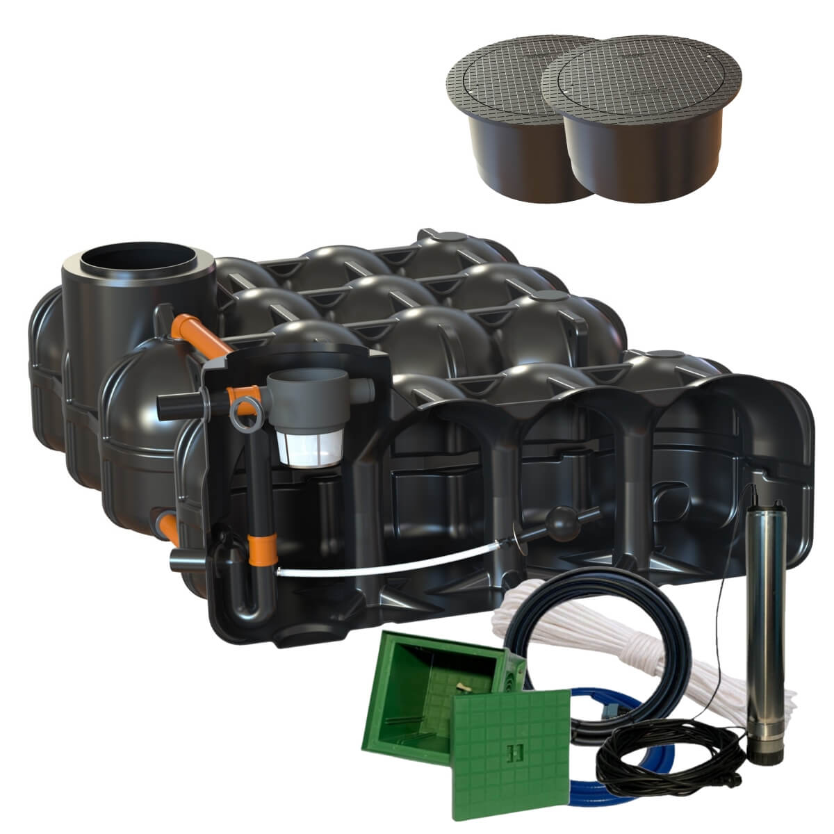 Retentionszisterne Flachtank 10000 Liter Hudson mit Pumpensumpf Segmentabdeckung und Gartenpumpe