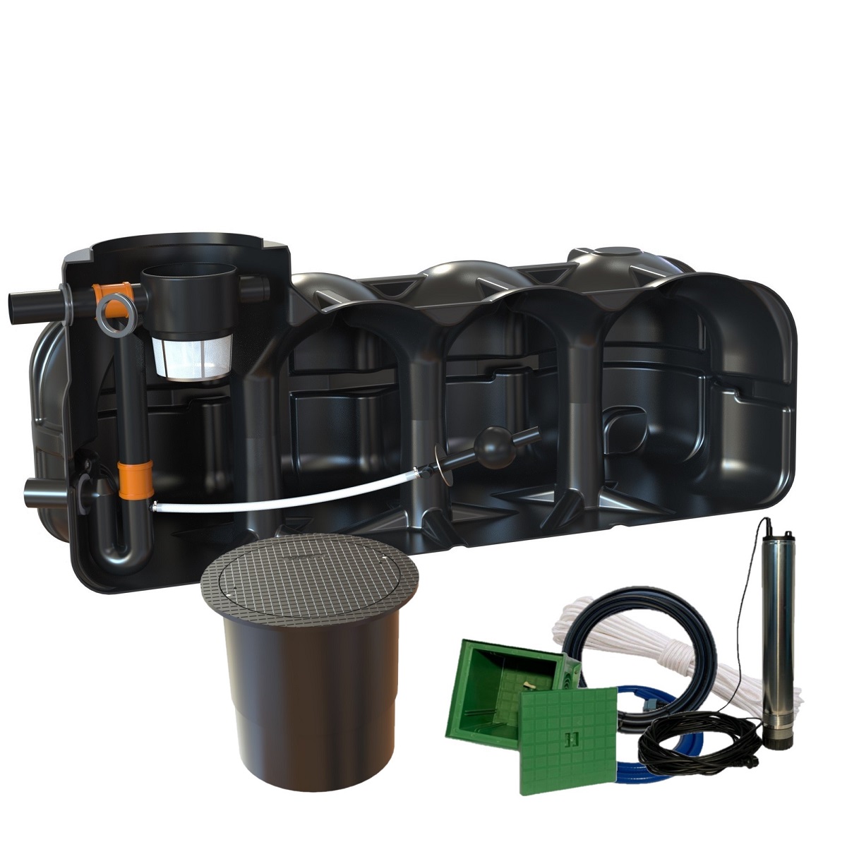 Retentionszisterne Flachtank 5000L Retentionsvolumen 3600L mit PKW-Dom und Zisternenpumpe