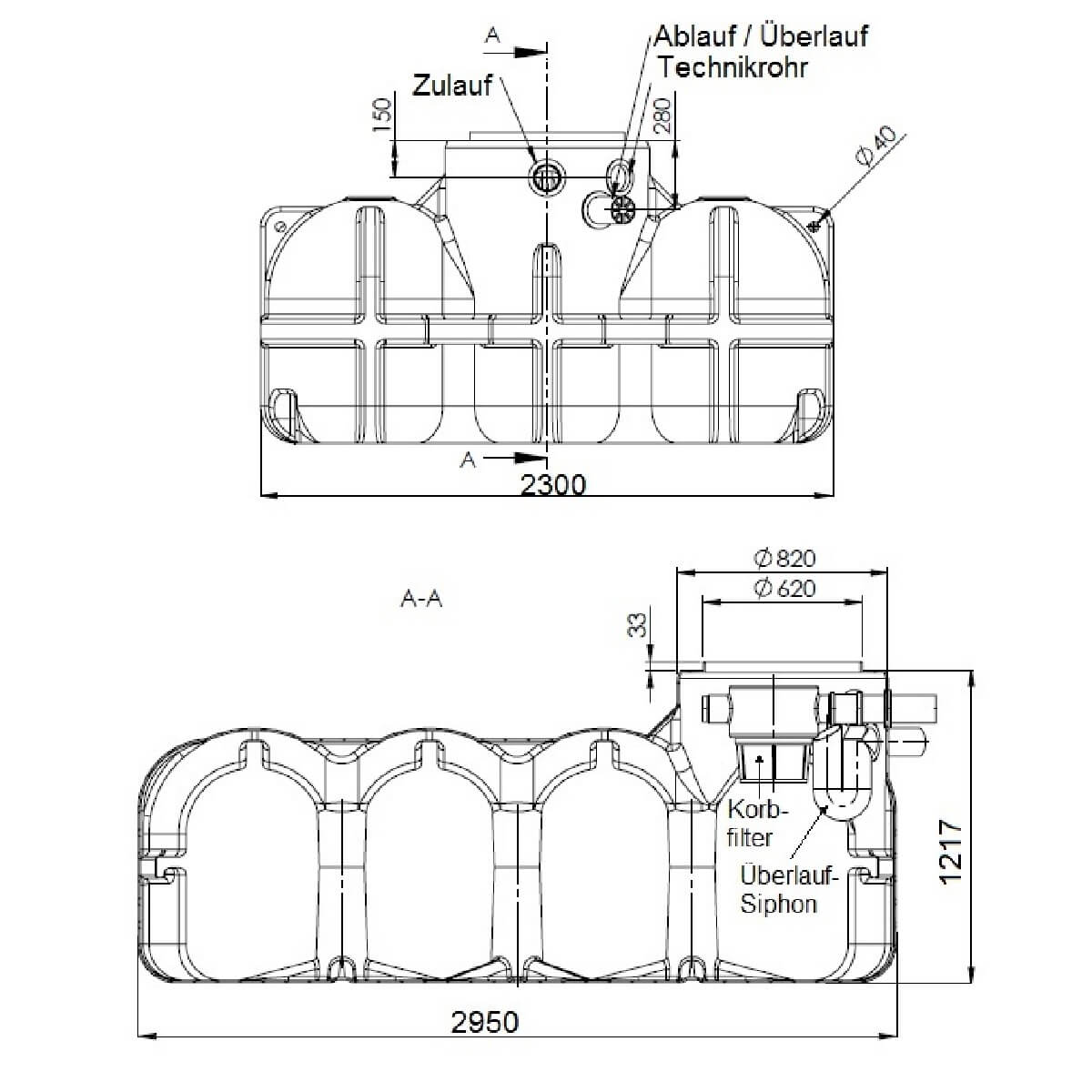 Flachtank 5000 Liter Garten-Zisterne Hudson Zeichnung