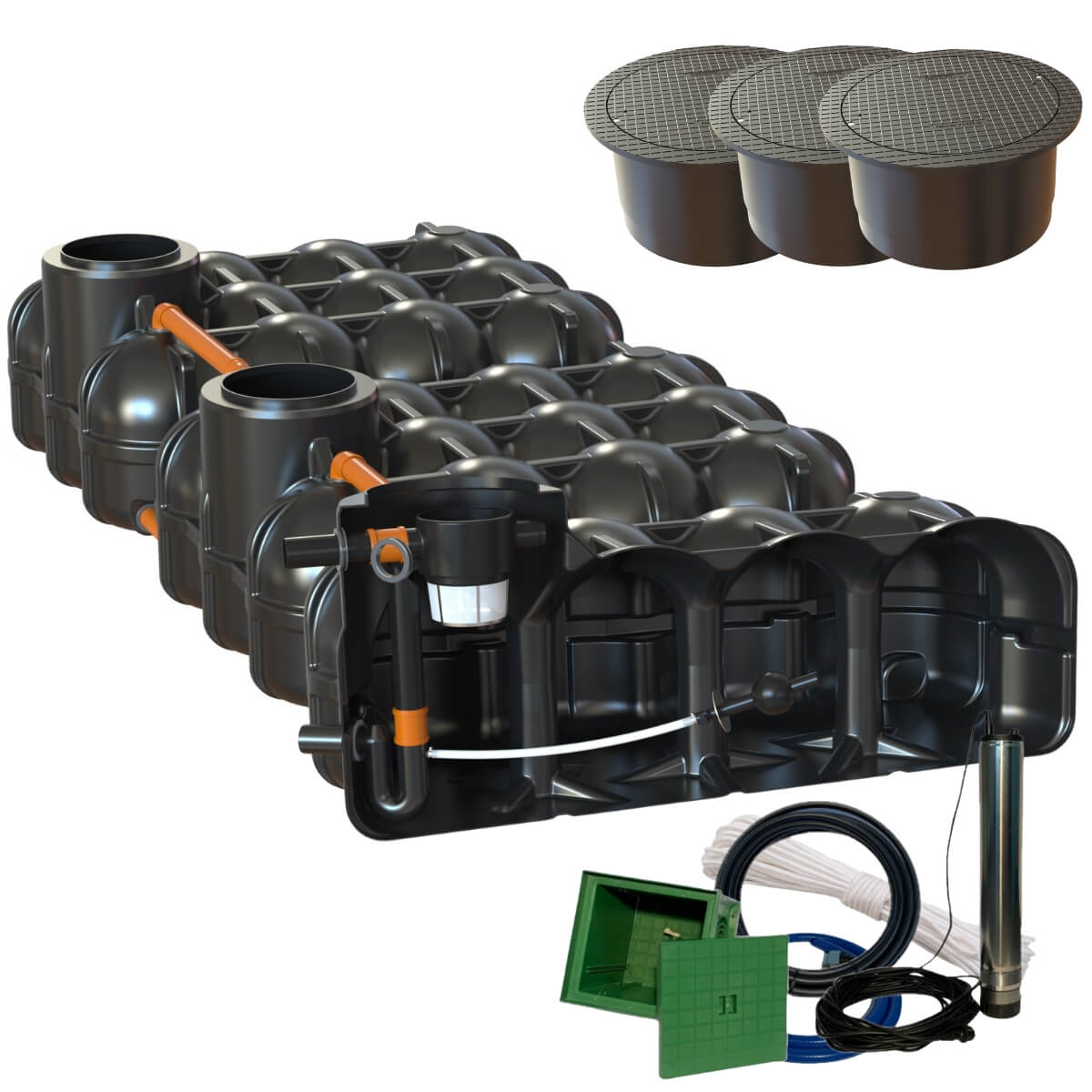 Retentionszisterne Flachtank 15000 Liter Hudson mit Segmentabdeckung und Gartenpumpe